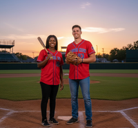 Two people, a Black woman and a white man, wearing red baseball jerseys, stand on a dirt baseball diamond with a grassy field behind them. The woman holds a bat, and the man holds a glove. It is sunset.