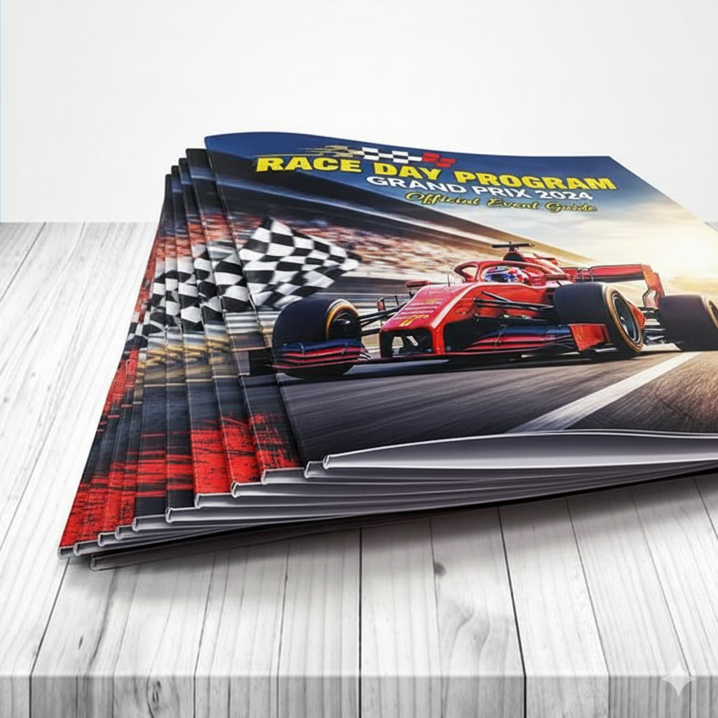 A close-up view of an open, saddle-stitched program book lying on a dark wood table. The large 8.5x11 inch pages feature a vibrant, dynamic cover with a race car and motorsports theme. The visible interior pages have black and white text, photos, and event details.