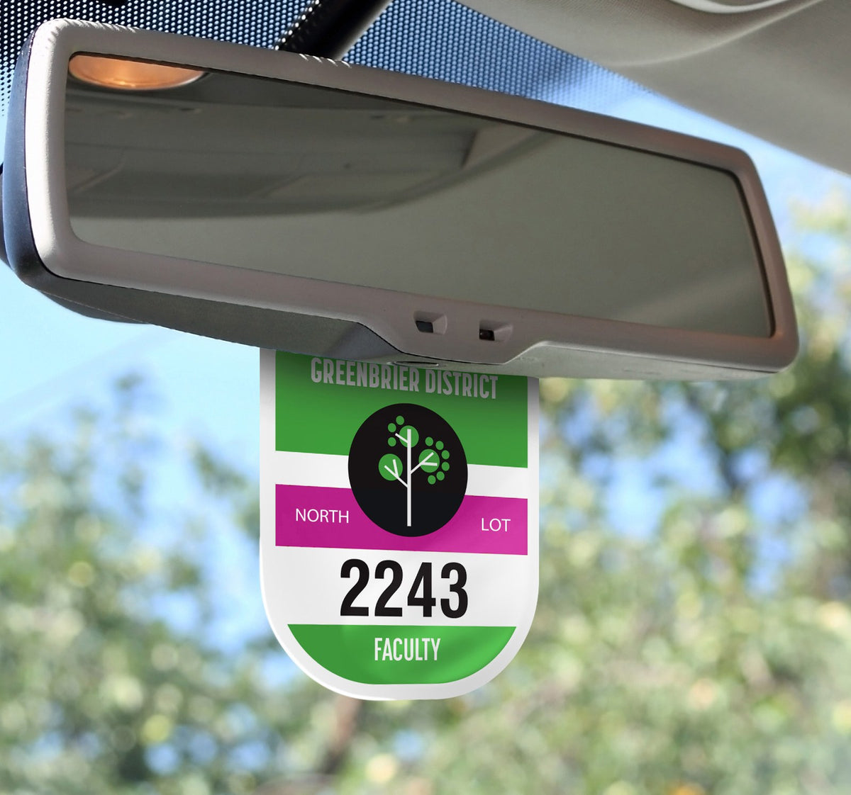 Custom hang tag parking permit hanging from rearview mirror