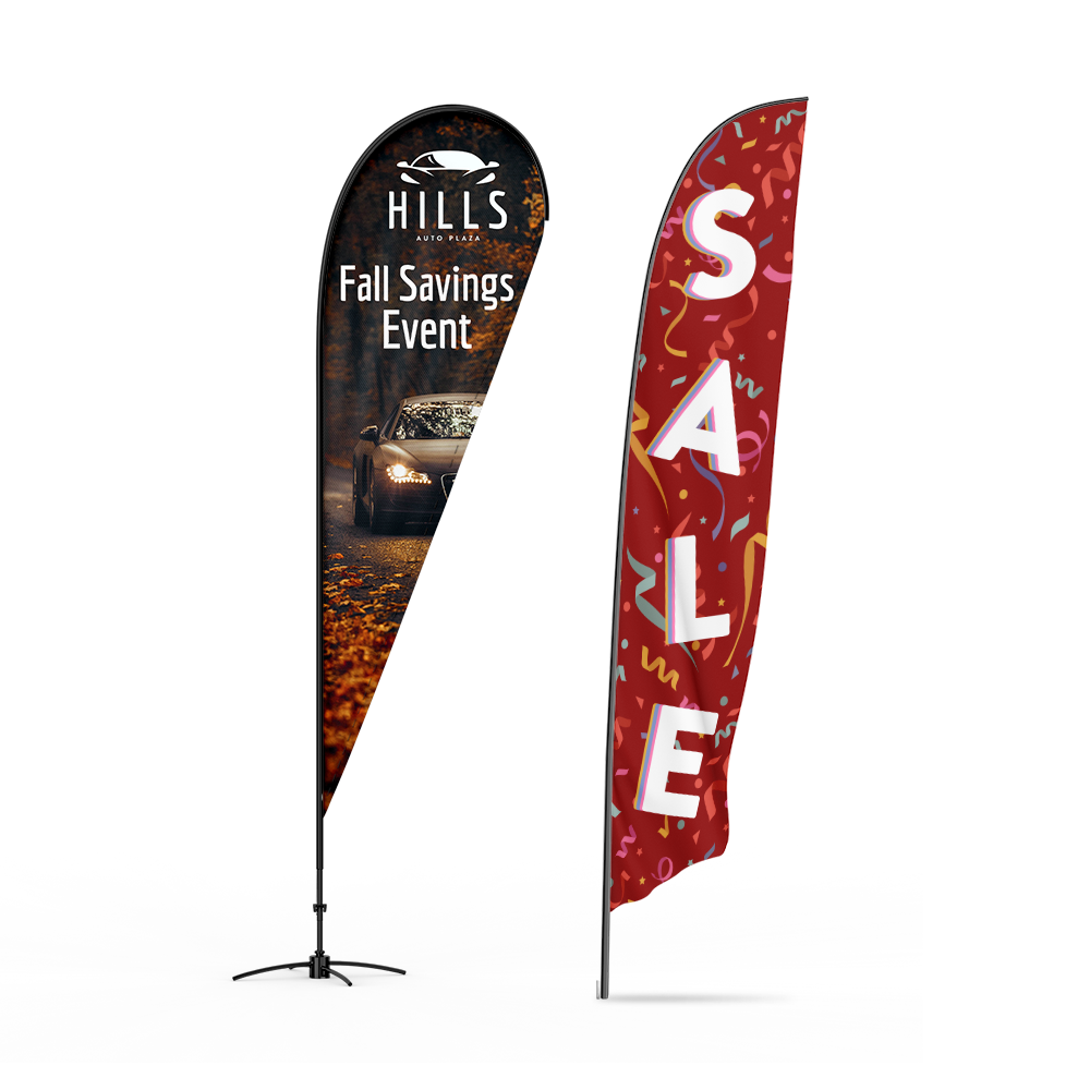 Custom printed feather flag for dealership lot display and curbside advertising