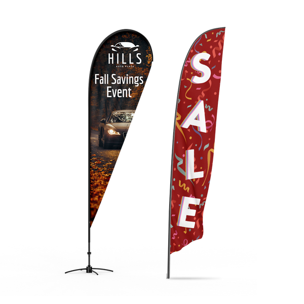Custom printed feather flag for dealership lot display and curbside advertising